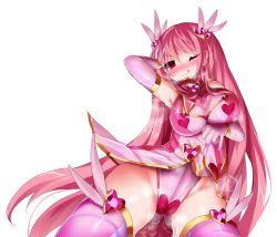 Rule 34 | 1girl, ;d, blush, breasts, cameltoe, elbow gloves, gloves, highres, large breasts, leotard, lifted by self, long hair, looking at viewer, nagai wataru, one eye closed, open mouth, original, pink eyes, pink hair, shiny clothes, smile, solo, transparent background