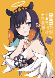 Rule 34 | 1girl, :3, a:n (angrynum), blush, character name, cropped torso, detached sleeves, fur choker, hair behind ear, halo, hand on own face, happy birthday, highres, hololive, hololive english, long hair, ninomae ina&#039;nis, ninomae ina&#039;nis (1st costume), parted lips, purple hair, single detached sleeve, sleeve, smile, solo, takodachi (ninomae ina&#039;nis), tentacle hair, upper body, virtual youtuber, wings, yellow background