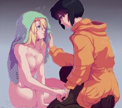 Rule 34 | 2girls, bad id, bad pixiv id, black hair, blonde hair, blue eyes, breasts, clothed on nude, eye contact, ghost in the shell, heart, jacket, katsuoboshi, kusanagi motoko, large breasts, long hair, looking at another, multiple girls, nude, on one knee, orange jacket, project 2501, short hair, smile, towel, towel on head, unmoving pattern, wet, yuri