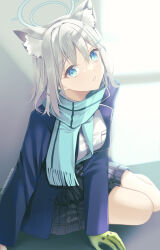 Rule 34 | 1girl, animal ear fluff, animal ears, bad id, bad pixiv id, blue archive, blue jacket, blue scarf, breast pocket, cat ears, dress shirt, gloves, green gloves, grey skirt, halo, hamcheeseand, highres, jacket, long hair, long sleeves, looking at viewer, miniskirt, open clothes, open jacket, plaid, plaid skirt, pleated skirt, pocket, scarf, shiroko (blue archive), shirt, sitting, skirt, solo, white hair, white shirt