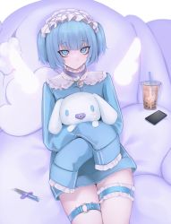 Rule 34 | 1girl, bandaid, blue eyes, blue hair, blue jacket, boxcutter, bridal garter, bubble tea, cinnamoroll, collar, cross, frilled collar, frilled garter, frilled shirt collar, frilled sleeves, frills, glowing, glowing wings, hairband, highres, jacket, lolita hairband, mini wings, ompf, original, pacifier, phone, pillow, sanrio, short hair, sitting, sleeves past fingers, sleeves past wrists, stuffed animal, stuffed toy, twintails, wings