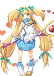Rule 34 | 1girl, bell, blazblue, blonde hair, collar, gloves, green eyes, gurasion (gurasion), heart, heart-shaped pupils, long hair, muchourin, neck bell, open mouth, platinum the trinity, simple background, skirt, solo, staff, symbol-shaped pupils, two side up, very long hair, white background