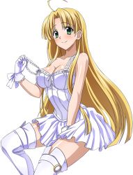 Rule 34 | 10s, 1girl, ahoge, asia argento, between legs, blonde hair, boots, breasts, cleavage, collarbone, dress, gloves, green eyes, hand between legs, high school dxd, large breasts, long hair, looking at viewer, pleated dress, smile, solo, thigh boots, thighhighs, transparent background, white footwear, white gloves