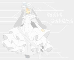 Rule 34 | 10s, 1girl, ascot, bad id, bad pixiv id, capelet, character name, dress, emblem, frills, grey background, grey eyes, grey hair, grey theme, hat, layered dress, layered skirt, long hair, madoka runes, magical girl, mahou shoujo madoka magica, mahou shoujo oriko magica, mikuni oriko, monochrome, outstretched arm, outstretched hand, sayaka (lamentoso), shoes, skirt, solo, spot color, standing, veil, white hair