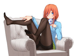 Rule 34 | 1girl, 3:, absurdres, armchair, black pantyhose, blue cardigan, blue eyes, blush, breasts, cardigan, chair, closed mouth, commentary, feet, frown, full body, go-toubun no hanayome, green skirt, gusset, hair over one eye, hand on own chest, headphones, headphones around neck, highres, long hair, long sleeves, medium breasts, miniskirt, nakano miku, no shoes, panties, panties under pantyhose, pantyhose, pleated skirt, qingchen (694757286), red hair, school uniform, simple background, sitting, skirt, solo, spread legs, thighband pantyhose, toes, underwear, white background, white panties