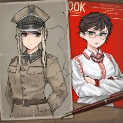 Rule 34 | 2girls, arms behind back, bead necklace, beads, belt, bird, blonde hair, breasts, brown belt, brown eyes, brown hair, buttons, coat, crossed arms, eagle, glasses, green eyes, hat, hearts of iron, highres, jewelry, kaiserreich, long hair, medium breasts, military, military hat, military uniform, mole, mole under eye, mole under mouth, multiple girls, necklace, nib pen (object), peaked cap, pen, pocket, polish army, pzkpfwi, short hair, star (symbol), traditional clothes, uniform