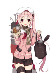 Rule 34 | 10s, 1girl, bad id, bad pixiv id, beret, cardigan, cnm, food, harusame (kancolle), hat, kantai collection, long hair, looking at viewer, pink hair, pleated skirt, scarf, side ponytail, skirt, smile, solo, sweet potato, white background
