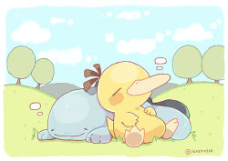 Rule 34 | animal focus, artist name, bird, blue sky, blush, blush stickers, border, closed eyes, closed mouth, cloud, creatures (company), day, duck, game freak, gen 1 pokemon, gen 2 pokemon, grass, happy, hill, leaning back, leaning on person, lying, nintendo, no humans, on ground, on stomach, outdoors, pokemon, pokemon (creature), psyduck, quagsire, shira (sirairo116), signature, sky, sleeping, smile, tree, twitter username, white border
