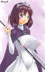 Rule 34 | 00s, 1girl, blue eyes, breasts, cape, dress, covered erect nipples, henrietta de tristain, huge breasts, nagase haruhito, nipples, open mouth, purple hair, see-through, short hair, skindentation, smile, solo, tiara, tight clothes, zero no tsukaima