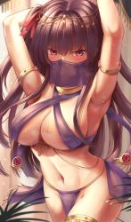 Rule 34 | 1girl, alternate costume, armpits, arms behind head, bare shoulders, belly dancing, bikini, blush, bracer, breasts, cleavage, dancer, feet out of frame, girls&#039; frontline, hair ornament, hair ribbon, highres, jewelry, large breasts, leaning forward, long hair, looking at viewer, mouth veil, navel, necklace, presenting armpit, purple bikini, purple hair, red eyes, ribbon, side ponytail, solo, standing, stomach, sweat, sweatdrop, swimsuit, veil, wa2000 (girls&#039; frontline), xlscaler