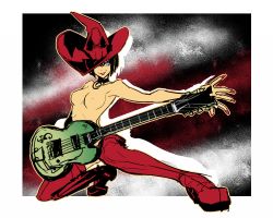 Rule 34 | 1girl, black hair, blue eyes, boots, gradient background, guilty gear, guitar, hat, i-no, instrument, mole, nail polish, oro (sumakaita), red footwear, red hat, solo, thigh boots, thighhighs, topless