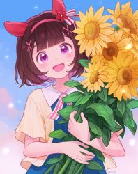 Rule 34 | 1girl, alternate costume, animal ears, blue dress, blunt bangs, blush, brown hair, cropped jacket, cross tie, dress, ear covers, flower, hair ornament, hairband, highres, holding, holding flower, horse ears, jacket, looking at viewer, nishino flower (umamusume), open mouth, rio (rio 067), short hair, smile, solo, sunflower, umamusume, upper body, x hair ornament, yellow jacket