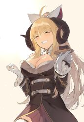 Rule 34 | 10s, 1girl, anila (granblue fantasy), blonde hair, breasts, cleavage, draph, duoyuanjun, eyebrows, closed eyes, female focus, gloves, granblue fantasy, highres, horns, large breasts, long hair, sheep horns, smile, solo, thick eyebrows