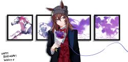 Rule 34 | 1girl, animal ears, arm at side, beanie, black jacket, bouquet, bow, bowtie, bracelet, brown hair, closed mouth, collared shirt, ears through headwear, flower, grey hat, happy birthday, hat, highres, horse ears, jacket, jewelry, kukmmo, long hair, long sleeves, looking to the side, nakayama festa (umamusume), open clothes, open jacket, painting (object), red eyes, red vest, shirt, solo, split mouth, string, string of fate, umamusume, upper body, vest, white shirt