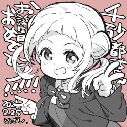 Rule 34 | 1girl, arashi chisato, birthday, blush, chibi, dated, double bun, double v, greyscale with colored background, grin, hair bun, looking at viewer, love live!, love live! superstar!!, mezashi (mezamashi set), pink background, signature, smile, solo, translation request, v