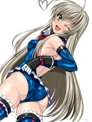 Rule 34 | 1girl, ahoge, ass, backless outfit, blue one-piece swimsuit, colored eyelashes, cosplay, dead or alive, dutch angle, elbow gloves, fingerless gloves, from behind, gloves, green eyes, haiyore! nyaruko-san, heart, heart ahoge, leotard, long hair, looking at viewer, looking back, marie rose, marie rose (cosplay), nyarlathotep (nyaruko-san), one-piece swimsuit, one eye closed, sen (sansui), silver hair, solo, swimsuit, thighhighs, wedgie