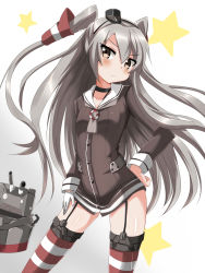 Rule 34 | 10s, 1girl, amatsukaze (kancolle), bin1998, brown eyes, dress, garter straps, highres, kantai collection, long hair, looking at viewer, personification, rensouhou-chan, rensouhou-kun, sailor dress, school uniform, serafuku, short dress, silver hair, simple background, star (symbol), striped clothes, striped thighhighs, thighhighs, twintails, two side up, zettai ryouiki