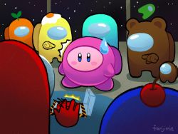 Rule 34 | ^^^, among us, artist name, blue eyes, blush stickers, cherry, circle formation, commentary, egg (food), english commentary, fanjimie, food, food on head, fried egg, fruit, fruit on head, full body, highres, indoors, kirby, kirby (series), looking at another, looking at viewer, mini crewmate (among us), motion lines, nintendo, no humans, notice lines, object on head, plant, plant on head, pointing, pointing at another, signature, sky, space, space station, spacesuit, standing, star (sky), starry sky, sweatdrop, symbol-only commentary