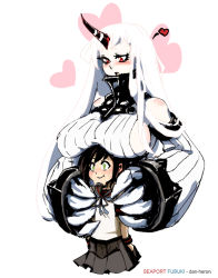 Rule 34 | 2girls, :t, abyssal ship, bare shoulders, black hair, blush, breast rest, breasts, breasts on head, claws, commentary, dan heron, detached sleeves, dress, english commentary, flat chest, fubuki (kancolle), green eyes, grey skirt, heart, height difference, high collar, horns, hug, hug from behind, huge breasts, kantai collection, multiple girls, oversized forearms, oversized limbs, pale skin, red eyes, ribbed dress, school uniform, seaport princess, serafuku, sideboob, single horn, skirt, sweatdrop, white hair, yuri