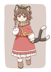 Rule 34 | 1girl, animal ear fluff, animal ears, blush, boots, brown eyes, brown hair, capelet, cat ears, cat tail, chen, commentary, earrings, frilled skirt, frills, full body, green hat, hat, jewelry, long sleeves, looking at viewer, mittens, mob cap, multiple tails, nekomata, petticoat, plaid, plaid scarf, poronegi, red capelet, red vest, scarf, shirt, short hair, single earring, skirt, skirt set, smile, solo, standing, tail, touhou, two tails, vest, white shirt