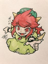 Rule 34 | 1girl, bowser peach, bracelet, claws, collar, crown, dress, earrings, fangs, green dress, green hat, hat, highres, horns, jewelry, koopa peach, looking at viewer, mario (series), marker (medium), necklace, nintendo, possessed, princess peach, prototype design, red hair, solo, spiked bracelet, spiked collar, spikes, super mario odyssey, traditional media