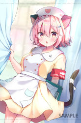 Rule 34 | 1girl, :o, animal ears, arm behind back, bad id, bad pixiv id, blush, breasts, cat ears, cat tail, collarbone, commentary request, dress, hair between eyes, hair ornament, hat, highres, holding, kantai collection, masayo (gin no ame), medium breasts, nurse, nurse cap, open mouth, pink hair, polka dot, purple hair, red eyes, short hair, short sleeves, solo, syringe hair ornament, tail, tama (kancolle), yellow dress