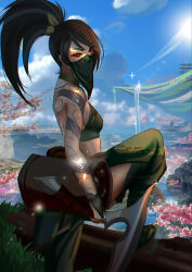 Rule 34 | 1girl, absurdres, akali, arm tattoo, artist name, black hair, blue sky, breasts, cherry blossoms, clothing cutout, cloud, commentary, crop top, day, english commentary, fingerless gloves, from side, gloves, grass, green gloves, green mask, green pants, green shirt, hayashidraws, highres, holding, holding scythe, instagram logo, kama (weapon), knee up, league of legends, mask, midriff, mouth mask, ninja, outdoors, pants, ponytail, red eyes, rope belt, scroll, scythe, shirt, sickle, sky, small breasts, solo, swept bangs, tattoo, twitter logo, water