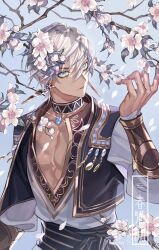 Rule 34 | 1boy, arm guards, black choker, black sash, black vest, blue background, blue eyes, branch, cherry blossoms, choker, dark-skinned male, dark skin, earrings, eyes visible through hair, facing to the side, falling petals, flower, gold trim, green eyes, hair between eyes, hand up, highres, ibrahim (1st costume) (nijisanji), ibrahim (nijisanji), jewelry, long sleeves, looking at viewer, male focus, multicolored eyes, nijisanji, open clothes, open vest, parted lips, pectoral cleavage, pectorals, pendant choker, petals, plunging neckline, sash, shirt, short hair, shoulder pads, sideways glance, solo, takerunamito, triangle earrings, upper body, v-neck, vest, virtual youtuber, white flower, white hair, white shirt