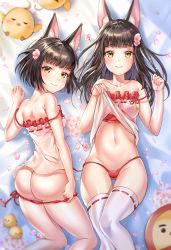 Rule 34 | 2girls, :3, animal ear fluff, animal ears, ass, azur lane, bad id, bad pixiv id, bare shoulders, bed sheet, bird, black hair, blurry, cameltoe, camisole, chang (user rpea4874), chick, collarbone, commentary request, flower, fox ears, glint, groin, hair flower, hair ornament, hands up, highres, long hair, looking at viewer, looking back, lying, manjuu (azur lane), multiple girls, mutsu (azur lane), nagato (azur lane), nagato (great fox&#039;s respite) (azur lane), navel, on back, panties, petals, red panties, short hair, side-tie panties, skindentation, smile, stomach, strap slip, thighhighs, underwear, white legwear, yellow eyes