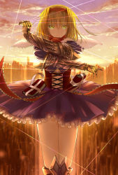 Rule 34 | 1girl, absurdres, alice margatroid, blonde hair, boots, closed mouth, frilled skirt, frills, gauntlets, hairband, highres, knee boots, skirt, solo, string, sunset, touhou, xuanlin jingshuang, yellow eyes