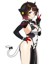 Rule 34 | 1girl, alternate costume, animal ears, animal print, black bow, black bowtie, blush, bow, bowtie, breasts, brown hair, cleavage, cleavage cutout, closed mouth, clothing cutout, commentary, covered navel, cow ears, cow horns, cow print, cow tail, cowboy shot, ear tag, fake animal ears, fake horns, fake tail, from side, gradient hair, hand on own hip, highres, hololive, horns, looking at viewer, mechanical arms, mechanical parts, medium breasts, multicolored hair, okunin, print leotard, red hair, roboco-san, short hair, sideboob, simple background, smile, solo, standing, tail, two-tone hair, v, virtual youtuber, white background, yellow eyes