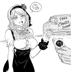 Rule 34 | 1girl, :d, bad id, bb (baalbuddy), bow, bowtie, breasts, candy, dagashi kashi, english text, fingernails, flower, food, giving, greyscale, hair flower, hair ornament, hairband, hand up, heart, high-waist skirt, highres, inactive account, large breasts, monochrome, motor vehicle, open mouth, puffy short sleeves, puffy sleeves, ringed eyes, shidare hotaru, short hair, short sleeves, simple background, skirt, smile, solo focus, spoken heart, suspender skirt, suspenders, van, white background, you gonna get raped
