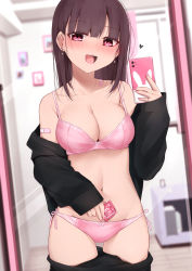 Rule 34 | 1girl, :d, bandaid, bandaid on arm, bandaid on shoulder, black shirt, blurry, blurry background, blush, bow, bow panties, bra, breasts, brown hair, cellphone, cleavage, commentary request, condom, condom wrapper, curtains, depth of field, ear piercing, earrings, fingernails, hand up, heart, highres, holding, holding condom, holding phone, indoors, jewelry, kanju, long hair, long sleeves, looking at viewer, medium breasts, mirror, mole, mole on breast, nail polish, navel, off shoulder, open clothes, open mouth, open shirt, original, panties, phone, piercing, pink bra, pink nails, pink panties, red eyes, reflection, selfie, shirt, side-tie panties, sleeves past wrists, smile, solo, standing, teeth, underwear, upper teeth only, window