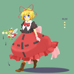 Rule 34 | 1girl, blonde hair, blue eyes, boots, bow, bubble skirt, cross-laced footwear, dress, drop, female focus, flower, full body, g-goro, gloves, green background, hair bow, lace-up boots, lily of the valley, medicine melancholy, ribbon, short hair, simple background, skirt, solo, su-san, touhou, walking, water drop