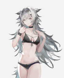 Rule 34 | 1girl, absurdres, animal ears, arknights, bare arms, bare shoulders, bikini, black bikini, black choker, breasts, choker, cleavage, closed mouth, cowboy shot, ears through headwear, expressionless, eyewear on head, hair ornament, hairclip, highres, jenmin12, jewelry, lappland (arknights), long hair, looking at viewer, navel, ring, scar, scar across eye, scar on face, silver hair, simple background, small breasts, solo, stomach, sunglasses, swimsuit, very long hair, white background, wolf ears, wristband