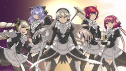 Rule 34 | 5girls, blonde hair, breasts, camilla (fire emblem), corrin (female) (fire emblem), corrin (fire emblem), elise (fire emblem), fire emblem, fire emblem fates, gradient background, haku (grimjin), highres, maid, multiple girls, nintendo, red eyes, red hair, smile, twintails, white hair