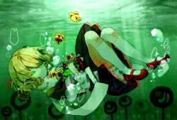Rule 34 | 1girl, birdcage, black skirt, blonde hair, bloomers, bubble, cage, closed mouth, fish, flower, green eyes, green theme, highres, knees up, kouzidaren, light smile, looking at viewer, mizuhashi parsee, ocean, on water, one eye closed, pointy ears, red footwear, rose, scarf, shoes, short hair, skirt, smile, socks, solo, thighhighs, thighs, touhou, underwater, underwear, wading, water, wavy hair, white scarf, white thighhighs, yellow flower, yellow rose