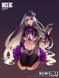 Rule 34 | 1girl, absurdres, alternate breast size, artist request, black panties, black thighhighs, blunt bangs, breasts, chalice, cleavage, cup, destiny child, fishnet thighhighs, fishnets, flower, frills, garter straps, hair flower, hair ornament, highres, large breasts, legs folded, long hair, long sleeves, multi-strapped panties, nail polish, navel, open mouth, panties, platinum blonde hair, red eyes, rita (destiny child), sitting, slit pupils, snake, solo, tattoo, thighhighs, underwear, very long hair, wariza, wide sleeves