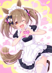Rule 34 | 1girl, ;d, alternate costume, animal ears, apron, black bow, black dress, bow, brown eyes, brown footwear, brown hair, commentary request, dress, enmaided, frilled apron, frilled dress, frills, hair bow, harada (sansei rain), heart, heart hands, highres, horse ears, horse girl, horse tail, looking at viewer, maid, maid headdress, one eye closed, open mouth, pleated dress, puffy short sleeves, puffy sleeves, shirt, shoes, short sleeves, smart falcon (umamusume), smile, solo, standing, standing on one leg, tail, thighhighs, twintails, umamusume, white apron, white bow, white shirt, white thighhighs
