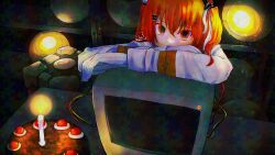 1girl a.i._voice adachi_rei aperture_science_weighted_companion_cube cable cake candle computer_chip covered_mouth crt dark food gloves hair_ornament hair_ribbon highres ikamusume_(ika98326) indoors jacket lens_eye long_sleeves looking_at_viewer monitor one_side_up orange_eyes orange_hair portal_(series) portal_1 ribbon signature solo utau white_gloves white_jacket white_ribbon