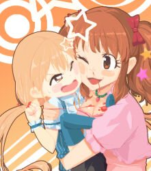 Rule 34 | 2girls, :3, angry, blonde hair, blood, blood on hands, blue thighhighs, blush stickers, bow, breasts, brown eyes, brown hair, chimosaku, cleavage, collared shirt, commentary request, cropped jacket, face punch, floating hair, foot pushing, frilled wrist cuffs, frills, futaba anzu, hair bow, hair ornament, height difference, hug, idolmaster, idolmaster cinderella girls, in the face, jacket, jewelry, long hair, low twintails, medium breasts, moroboshi kirari, multiple girls, multiple hair bows, neck ribbon, necklace, no shoes, nosebleed, one eye closed, open mouth, orange background, orange ribbon, petite, pink jacket, pink shirt, puffy short sleeves, puffy sleeves, punching, pushing, red bow, ribbon, shirt, short sleeves, smile, star (symbol), star hair ornament, struggling, sweatdrop, thighhighs, twintails, two-tone background, undone neck ribbon, upper body, v-shaped eyebrows, white background, wrist cuffs