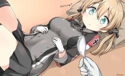 Rule 34 | 10s, 1girl, anchor hair ornament, aqua eyes, black thighhighs, blonde hair, blush, breasts, cross, german text, gloves, hair ornament, iron cross, kantai collection, large breasts, long hair, long sleeves, looking at viewer, lying, md5 mismatch, military, military uniform, on back, open mouth, pov, prinz eugen (kancolle), resized, resolution mismatch, ryuki (ryukisukune), skirt, solo focus, source larger, spoon, thighhighs, translated, twintails, uniform, white gloves