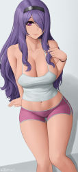 Rule 34 | 1girl, absurdres, bare shoulders, blush, breasts, camilla (fire emblem), cleavage, collarbone, fire emblem, fire emblem fates, gym shorts, hair over one eye, highres, large breasts, legs together, long hair, looking at viewer, navel, nintendo, purple eyes, purple hair, short shorts, shorts, smile, solo, thigh gap, thighs, very long hair, wavy hair, zaphn