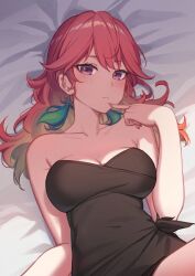 Rule 34 | 1girl, alternate costume, bare arms, bare shoulders, black dress, blush, breasts, cleavage, closed mouth, collarbone, covered navel, dress, earrings, erezu, eyebrows hidden by hair, feather earrings, feathers, finger to mouth, from above, gradient hair, green hair, hand up, highres, hololive, hololive english, jewelry, large breasts, long hair, looking at viewer, lying, medium breasts, multicolored hair, neck, on back, on bed, orange hair, pink hair, purple eyes, shade, solo, strapless, strapless dress, takanashi kiara, virtual youtuber