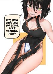 Rule 34 | absurdres, black dress, black hair, blush, breasts, character request, check character, cleavage, cowboy shot, crotch cutout, dress, english text, hair between eyes, halfbakelim, highleg, highleg dress, highres, leotard, looking at viewer, medium breasts, open mouth, original, short hair, sitting, sleeveless, sleeveless dress, slit pupils, speech bubble, sweat, white background, white leotard, yellow eyes