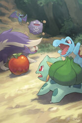Rule 34 | animal focus, apple, arms up, bat (animal), blue skin, bright pupils, bulbasaur, colored skin, commentary request, creatures (company), crocodilian, fang, food, forest, fruit, game freak, gen 1 pokemon, gen 2 pokemon, gen 4 pokemon, green skin, hakkentai pokedan, highres, koffing, nature, nintendo, no humans, open mouth, outdoors, pokemon, pokemon (creature), pokemon mystery dungeon, pokemon mystery dungeon: explorers of time/darkness/sky, red eyes, sharp teeth, skuntank, teeth, totodile, v-shaped eyebrows, white pupils, wings, zubat
