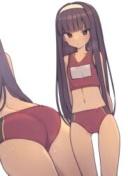 Rule 34 | 1girl, ass, bare shoulders, blunt bangs, blush, breasts, cameltoe, closed mouth, collarbone, commentary, cowboy shot, dot mouth, dutch angle, everyntrge, from behind, hairband, highres, long hair, median furrow, navel, original, purple eyes, purple hair, simple background, small breasts, solo, standing, sweat, white background, white hairband