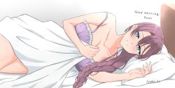 Rule 34 | 1girl, absurdres, areez.ez, artist name, bed, blanket, blue eyes, blush, braid, braided ponytail, brown hair, commentary, covering with blanket, double-parted bangs, earrings, eiyuu densetsu, emma millstein, english commentary, english text, highres, holding, holding blanket, jewelry, lying, nightgown, on bed, on side, open mouth, pillow, ponytail, sen no kiseki, smile, solo