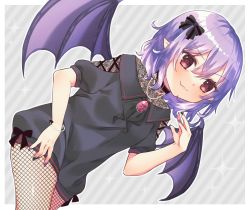 Rule 34 | 1girl, alternate costume, bat wings, black nails, blush, bow, dutch angle, fang, fishnet pantyhose, fishnets, hair between eyes, hayu (hayu e), highres, jewelry, looking at viewer, nail polish, pantyhose, pointy ears, puffy short sleeves, puffy sleeves, red eyes, remilia scarlet, short hair, short sleeves, skin fang, smile, solo, striped, striped background, touhou, vertical stripes, wings, ||/