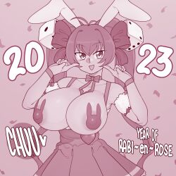 Rule 34 | 1girl, 2023, animal ears, antenna hair, areola slip, bare shoulders, bow, bow choker, breasts, chinese zodiac, choker, cleavage, collarbone, di gi charat, dice, dice hair ornament, ekz (robotekz), english text, hair bow, hair ornament, heart, large areolae, long hair, looking at viewer, medium breasts, open mouth, pasties, rabbit ears, rabbit pasties, ribbon, skirt, smile, solo, speech bubble, twintails, usada hikaru, wrist ribbon, year of the rabbit
